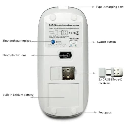 KLO Rechargeable Bluetooth 5.2/3.0/Type-C/USB-2.4G Mouse for MacBook/iPad, Wireless Mouse for Laptop/PC (Silver) thumbnail 4