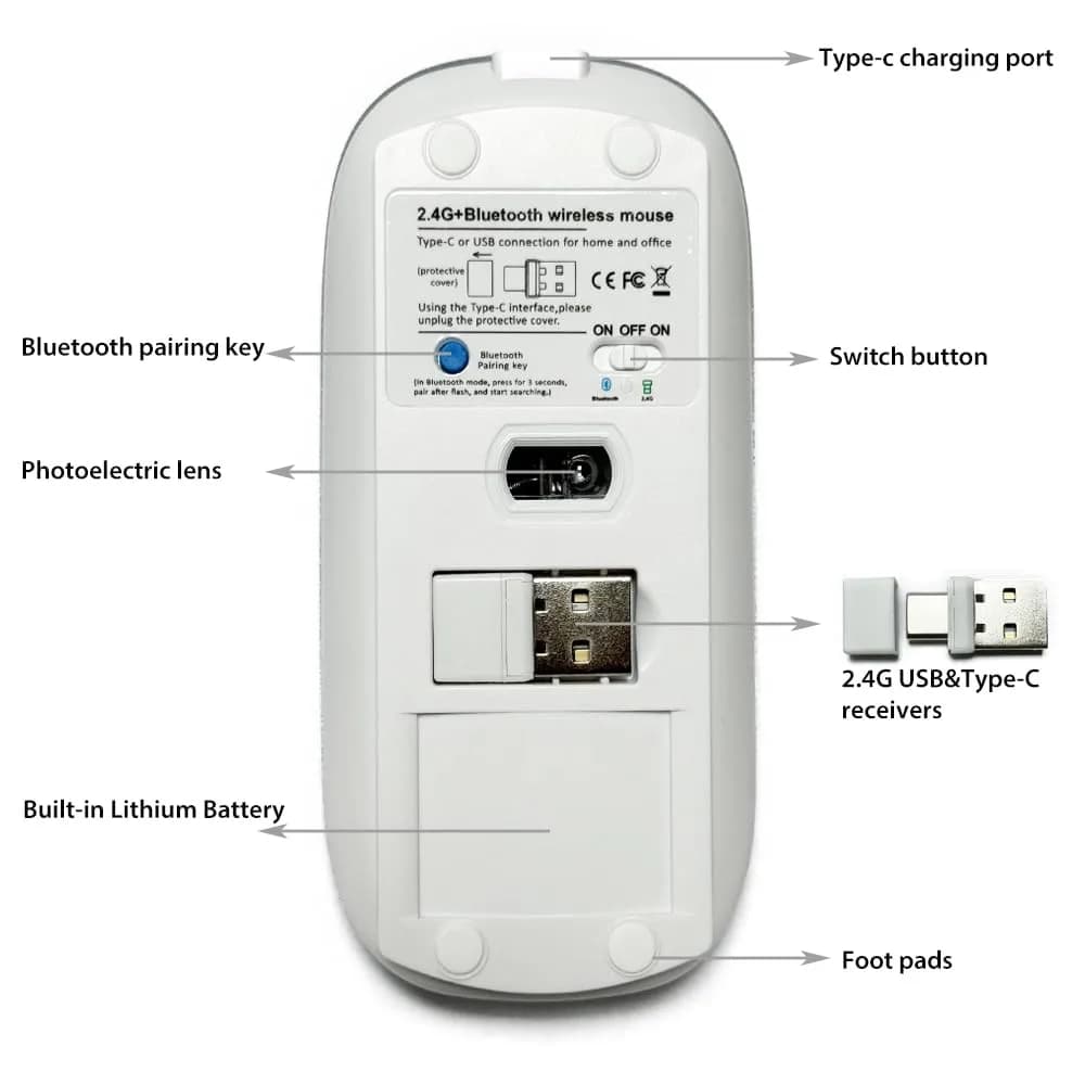 KLO Rechargeable Bluetooth 5.2/3.0/Type-C/USB-2.4G Mouse for MacBook/iPad, Wireless Mouse for Laptop/PC (Silver) - view 4