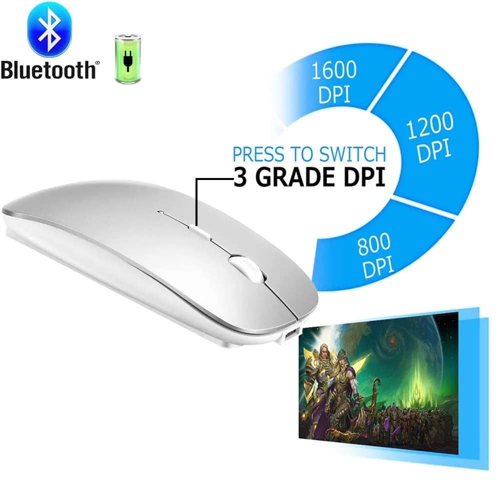 KLO Rechargeable Bluetooth 5.2/3.0/Type-C/USB-2.4G Mouse for MacBook/iPad, Wireless Mouse for Laptop/PC (Silver) - view 3