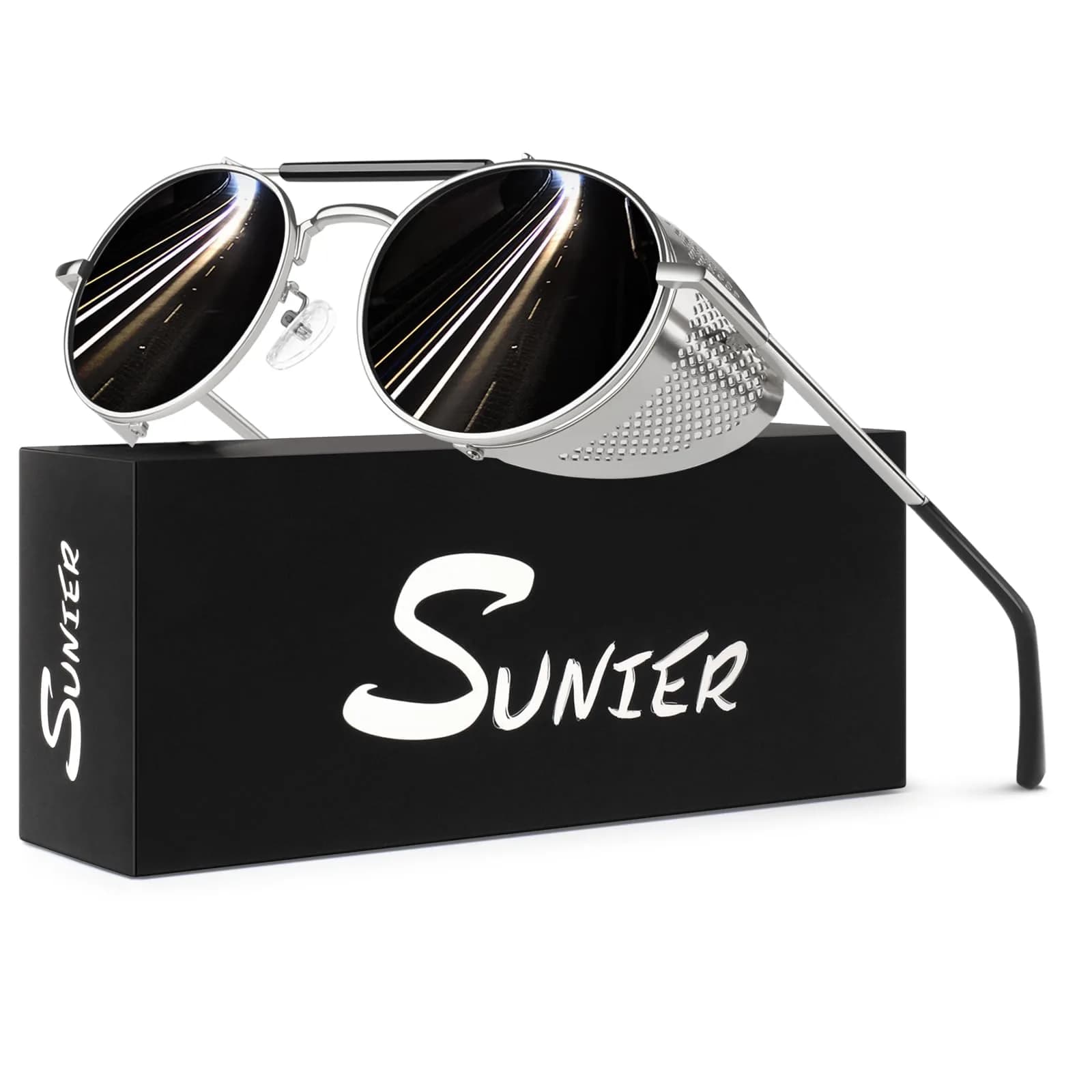 Sunier Round Polarized Steampunk Sunglasses Men Women Side Shield Goggles | 100% UV400 HD Polarized Lens, Unbreakable Metal Frame, Retro Design — Silver Frame Grey Polarized Lens