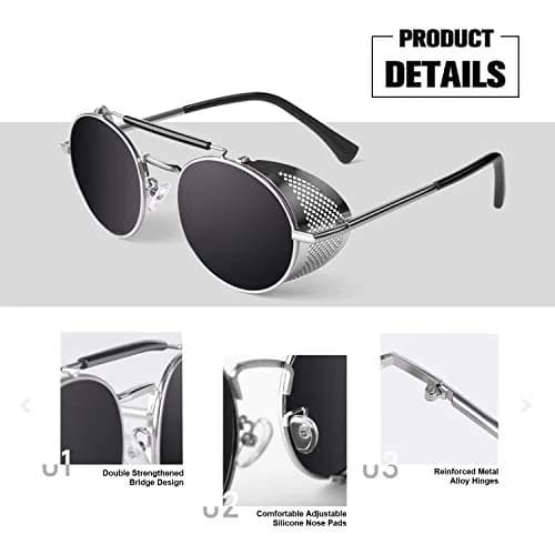 Sunier Round Polarized Steampunk Sunglasses Men Women Side Shield Goggles | 100% UV400 HD Polarized Lens, Unbreakable Metal Frame, Retro Design thumbnail 4