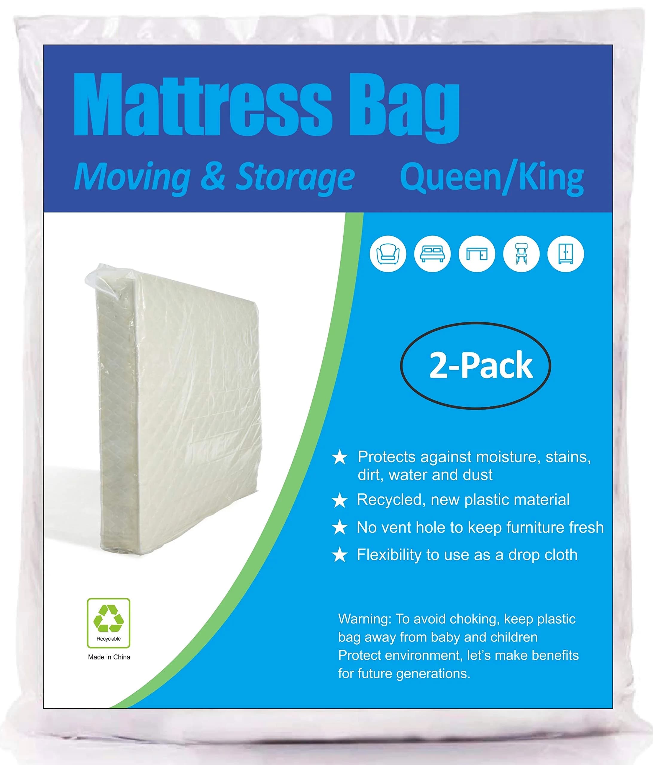 ComfortHome Queen/King Mattress Moving & Storage Bag 2-Pack | 1.5 Mil Thick Polyethylene, Fits Up to 14" Deep — Queen/King