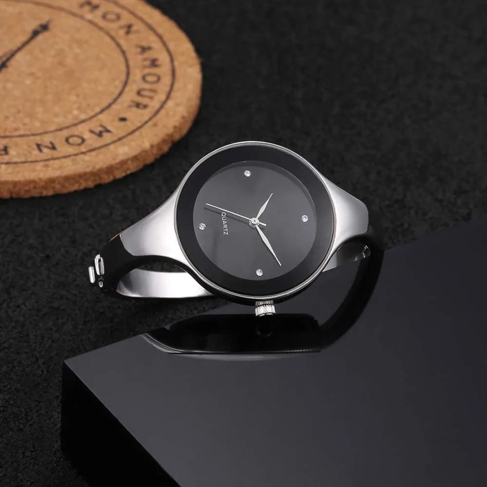 Weicam Women's Analog Quartz Watch | Black Crystal Cuff Bangle Watch (33mm Case) - view 3