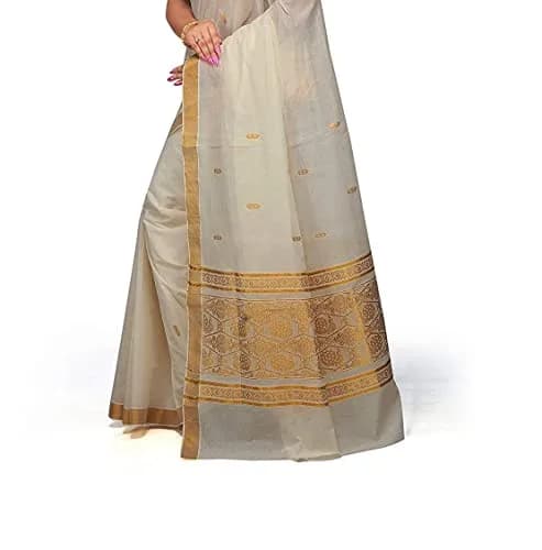 Maxis Kasavu Cotton Saree With Blouse Piece - Cream, 6.25 m (20.5 ft) | Zari Rich Pallu & Border thumbnail 3