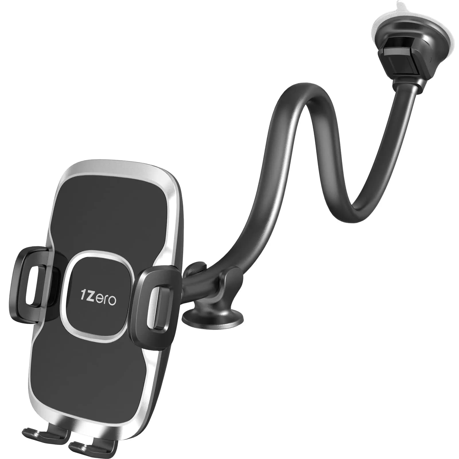 1Zero Car/Truck Phone Mount with 14-Inch Aluminum Gooseneck Long Arm | 360° Rotation & Strong Suction — Black Mirror Surface with Silver Ring