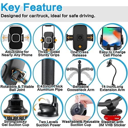 1Zero Car/Truck Phone Mount with 14-Inch Aluminum Gooseneck Long Arm | 360° Rotation & Strong Suction thumbnail 8