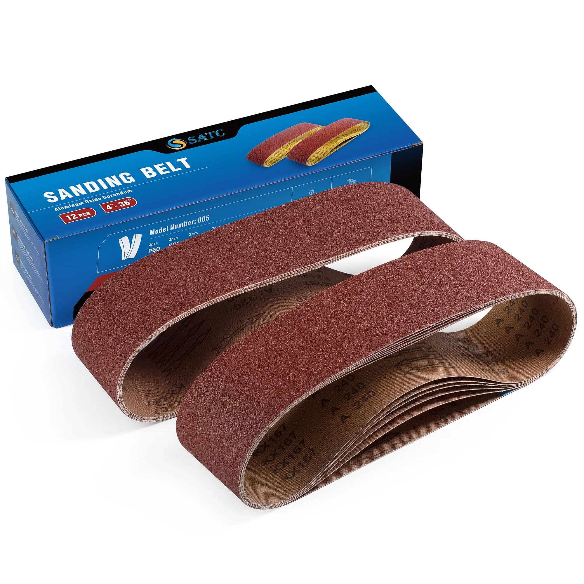 S SATC 4x36 Inch Sanding Belts 12-Pack (60-400 Grits) Aluminum Oxide | Heavy Duty Stripping & Finishing - main product image