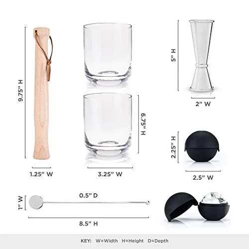 Viski 7-Piece Bartender Kit | Crystal Whiskey Glasses, Stainless Steel Jigger, Ice Molds & Muddler for Cocktails thumbnail 2