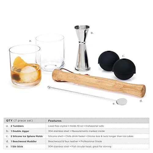 Viski 7-Piece Bartender Kit | Crystal Whiskey Glasses, Stainless Steel Jigger, Ice Molds & Muddler for Cocktails thumbnail 3