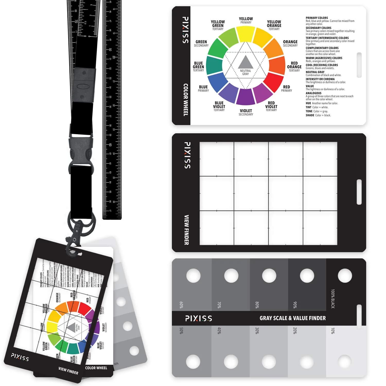 Pixiss Art Craft Kit | Artist Tools on Lanyard, Greyscale, Color Wheel, View Catcher (5x3") — Various