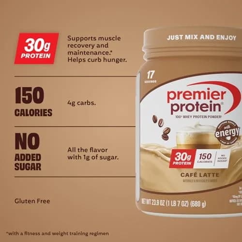 Premier Protein 30g High Protein Powder, 100% Whey, Café Latte, 1.49 lb (675g) | 30g Protein Per Serving with Caffeine thumbnail 2