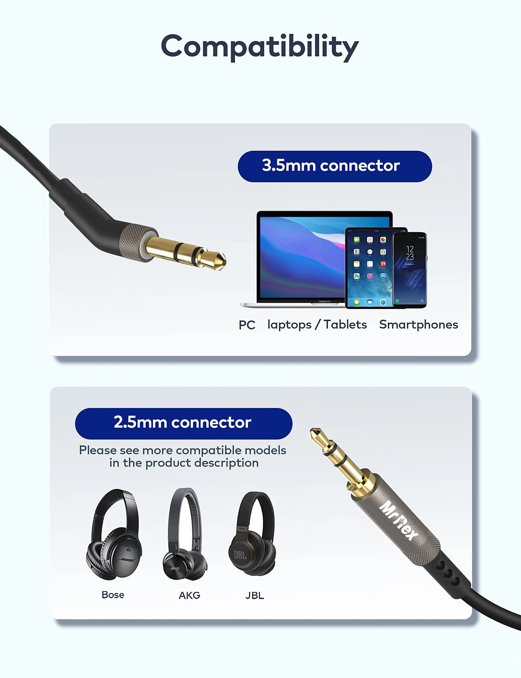 Mr Rex Black 5FT 3.5mm to 2.5mm Audio Cable with Reusable Tie & Gold-Plated Connectors - view 2