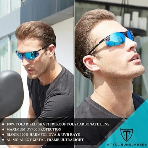 ATTCL Polarized UV Protection Sports Fishing Driving Sunglasses for Men Al-Mg Metal Frame Ultra Light 8585 Blue | Wrap Around Design thumbnail 2
