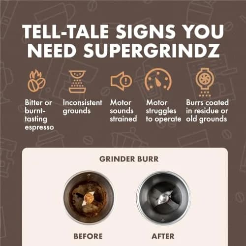 Urnex SuperGrindz Grinder Cleaning Tablets, 11.6 oz Bottle | Food-Safe, Natural Coffee Grinder Cleaner thumbnail 3