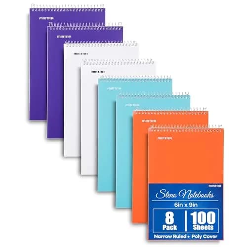 Mintra Office Steno Book - (BRIGHTS - Purp/Wht/Teal/Orange) - Poly Cover, 6in x 9in, 100 sheets, Narrow Ruled for Writing Notes for school, office, work, 6x9 steno notepad, top bound spiral notebook (8 PACK) thumbnail 1