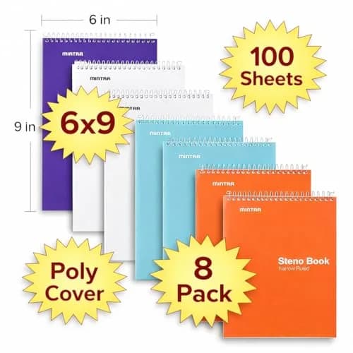 Mintra Office Steno Book - (BRIGHTS - Purp/Wht/Teal/Orange) - Poly Cover, 6in x 9in, 100 sheets, Narrow Ruled for Writing Notes for school, office, work, 6x9 steno notepad, top bound spiral notebook (8 PACK) thumbnail 3