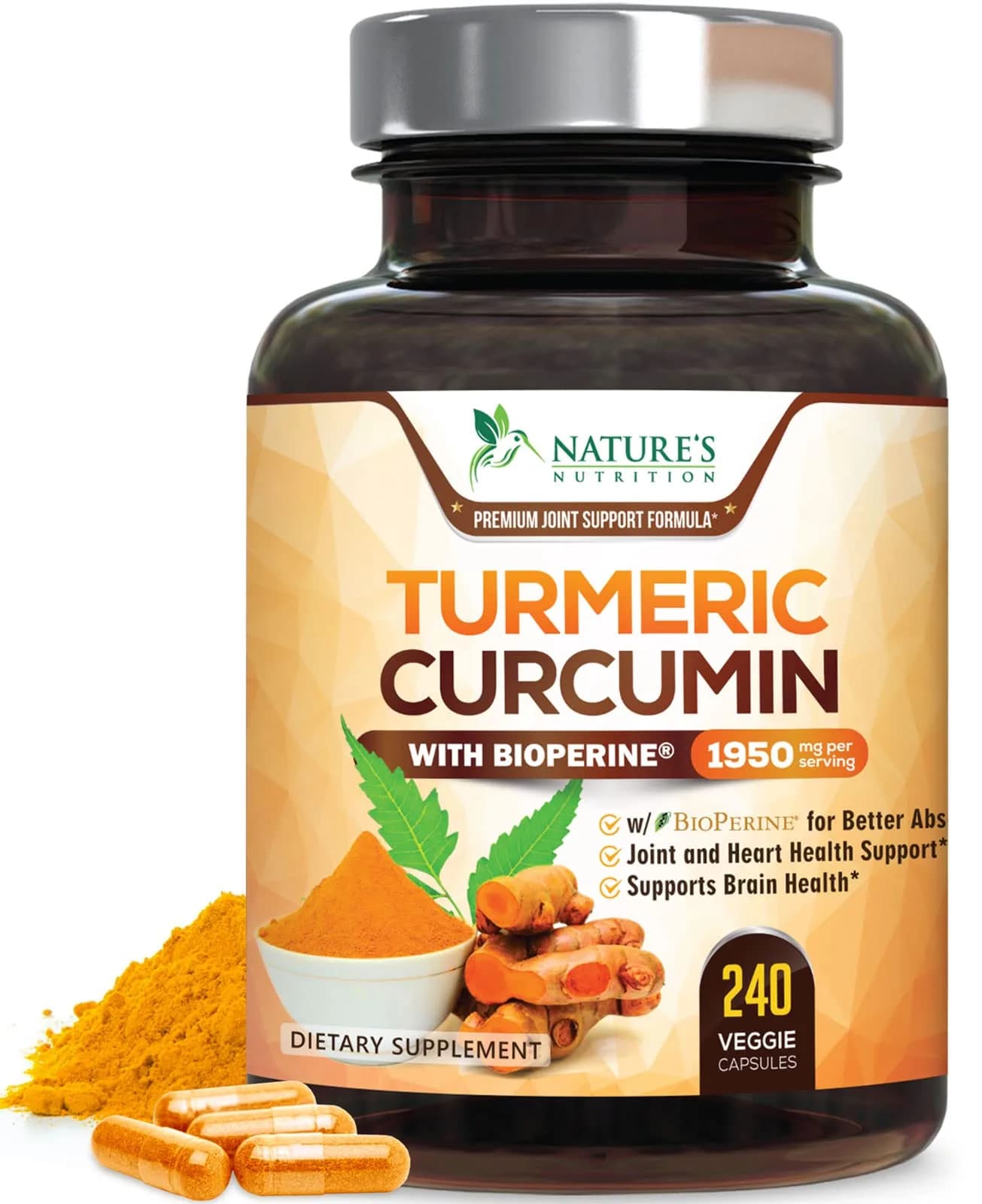 Nature's Nutrition Turmeric Curcumin 1950mg Capsules | 240 Count Herbal Supplement with Organic Turmeric & BioPerine for Joint Support — Capsule