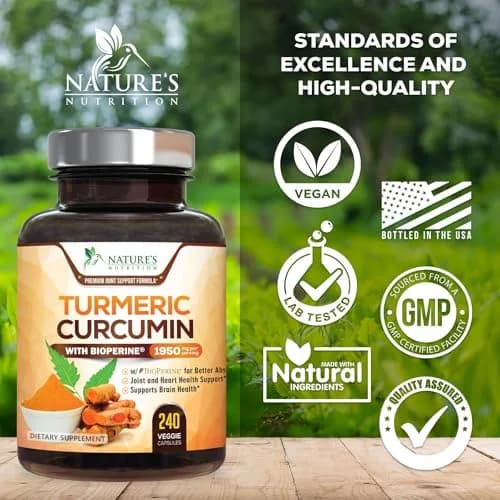 Nature's Nutrition Turmeric Curcumin 1950mg Capsules | 240 Count Herbal Supplement with Organic Turmeric & BioPerine for Joint Support thumbnail 4
