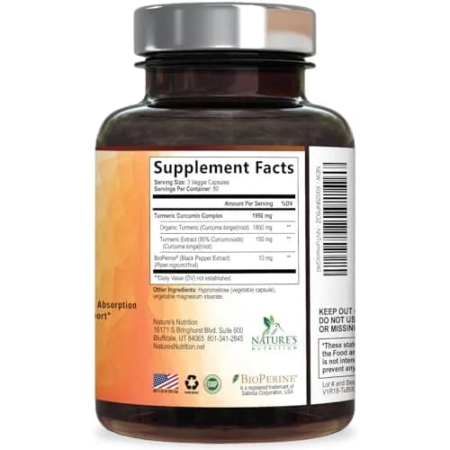 Nature's Nutrition Turmeric Curcumin 1950mg Capsules | 240 Count Herbal Supplement with Organic Turmeric & BioPerine for Joint Support thumbnail 9