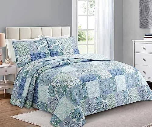 Cozy Line Home Fashions Blue Fleur-de-lis Quilt Set | Reversible 100% Cotton Bedspread Queen thumbnail 1