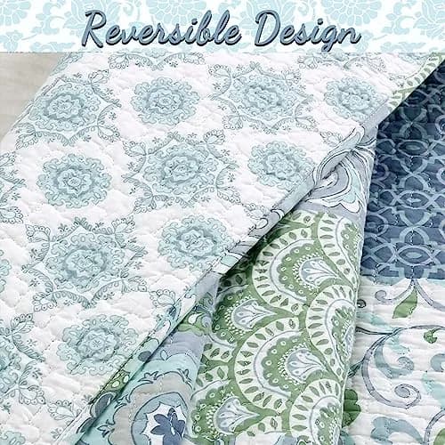 Cozy Line Home Fashions Blue Fleur-de-lis Quilt Set | Reversible 100% Cotton Bedspread Queen thumbnail 4