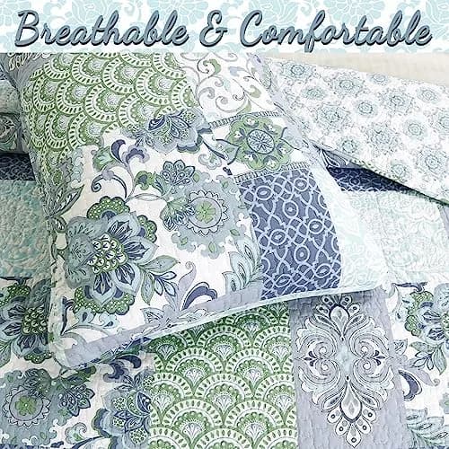 Cozy Line Home Fashions Blue Fleur-de-lis Quilt Set | Reversible 100% Cotton Bedspread Queen thumbnail 5