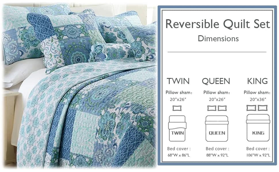 Cozy Line Home Fashions Blue Fleur-de-lis Quilt Set | Reversible 100% Cotton Bedspread Queen thumbnail 7