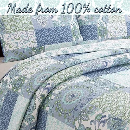 Cozy Line Home Fashions Blue Fleur-de-lis Quilt Set | Reversible 100% Cotton Bedspread Queen thumbnail 2