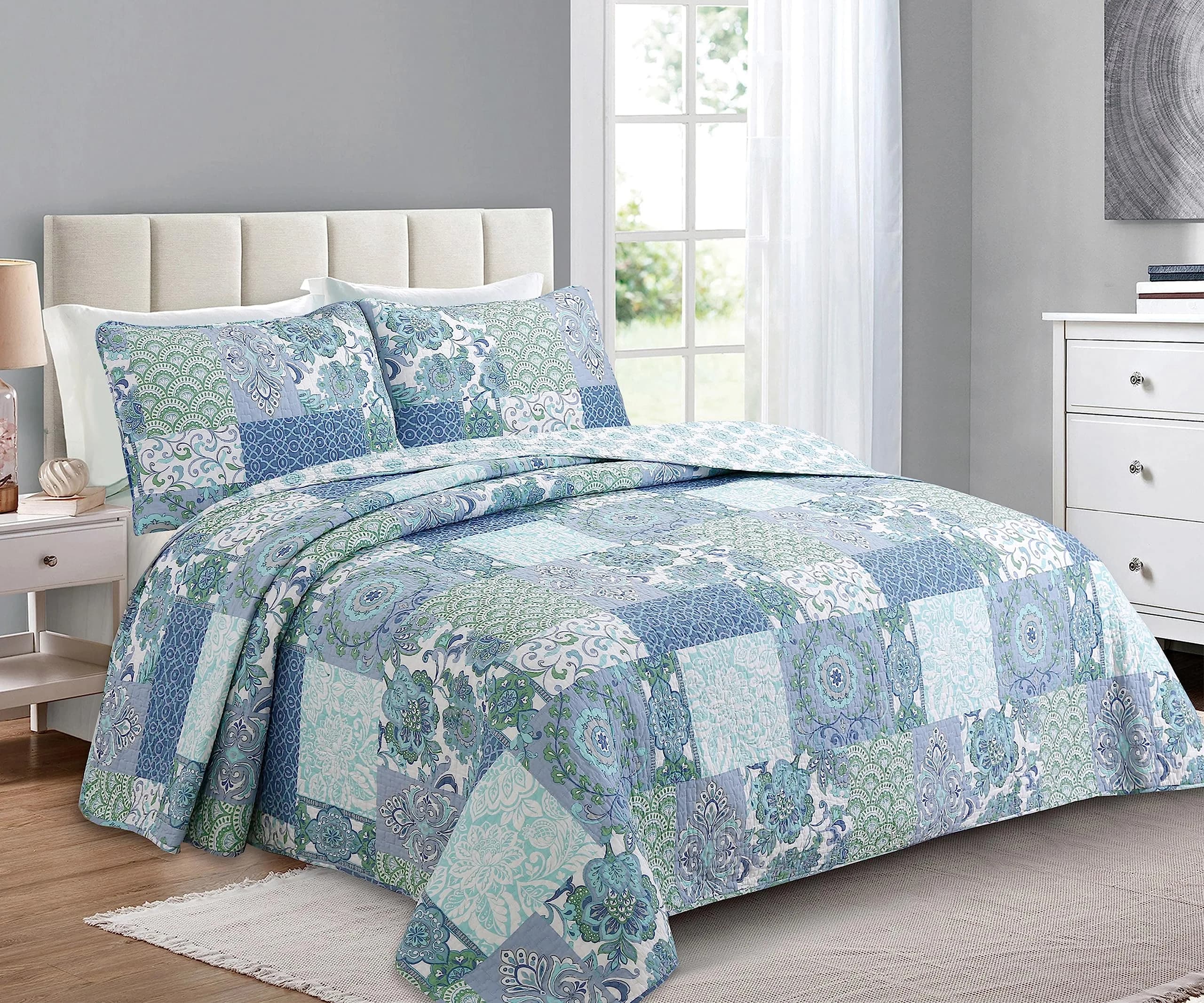 Cozy Line Home Fashions Nina Trista Flowers Aqua Blue Tape Grey Floral Print 100% Cotton Reversible Quilt Bedding Set, Bedspread Coverlet (Aqua Blue, King - 3 Piece)