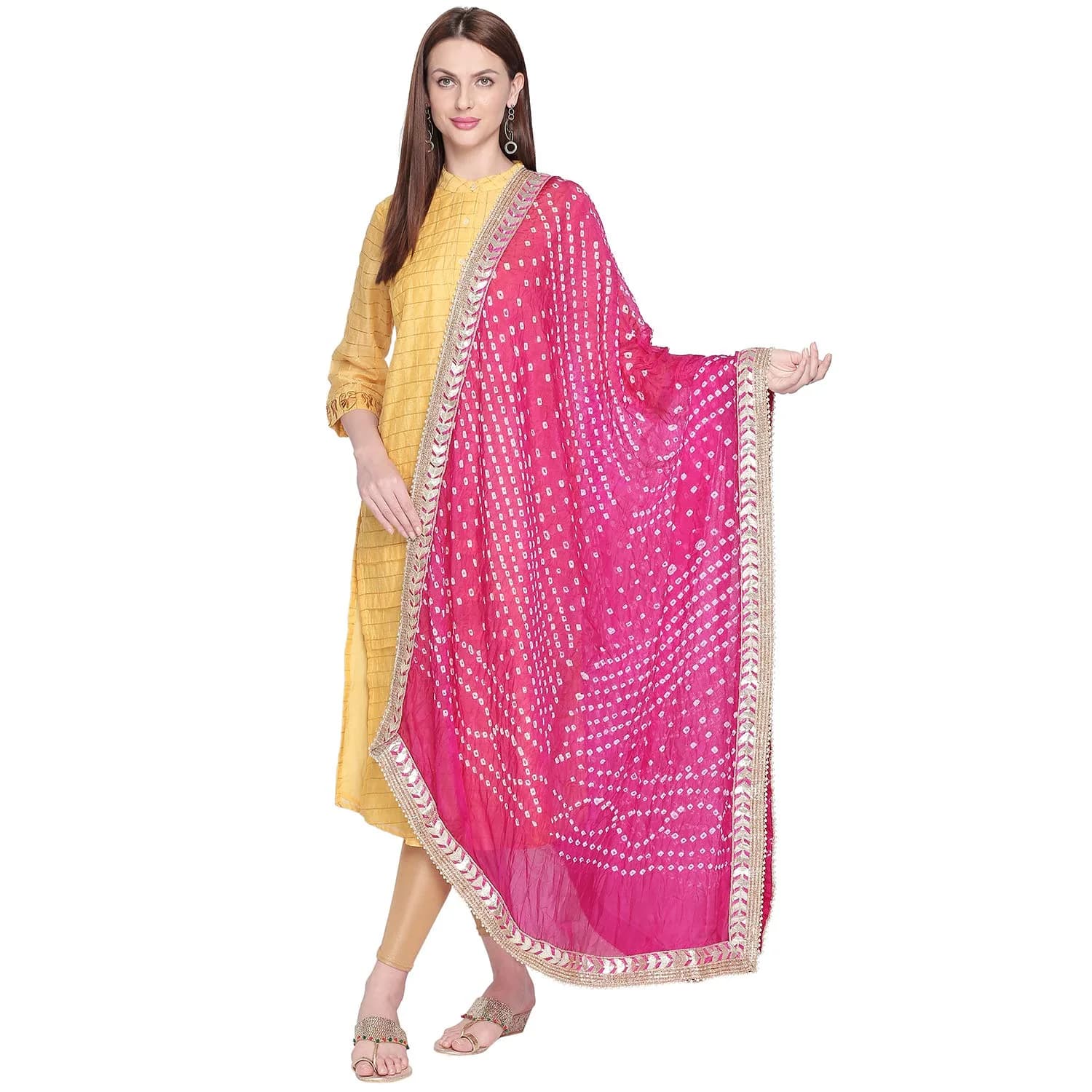 DUPATTA BAZAAR Pink Bandhini Silk Dupatta 218cm (86in) | Traditional Indian Weave with Gotta Patti Border — Pink