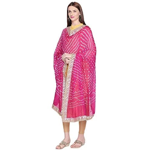 DUPATTA BAZAAR Pink Bandhini Silk Dupatta 218cm (86in) | Traditional Indian Weave with Gotta Patti Border thumbnail 4