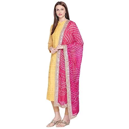DUPATTA BAZAAR Pink Bandhini Silk Dupatta 218cm (86in) | Traditional Indian Weave with Gotta Patti Border thumbnail 2