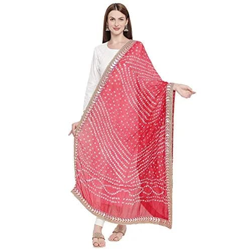 DUPATTA BAZAAR Red Bandhini Silk Dupatta with Gotta Patti Border 240cm (86") x 90cm (38") thumbnail 1