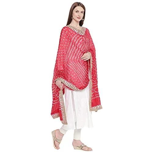 DUPATTA BAZAAR Red Bandhini Silk Dupatta with Gotta Patti Border 240cm (86") x 90cm (38") thumbnail 4