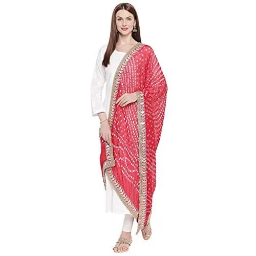 DUPATTA BAZAAR Red Bandhini Silk Dupatta with Gotta Patti Border 240cm (86") x 90cm (38") thumbnail 2