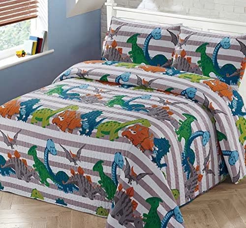 Kids Zone Home Linen Twin Bedspread Coverlet Quilt Set with Dinosaur Stripes | Microfiber, All-Season (70-120 chars) thumbnail 1