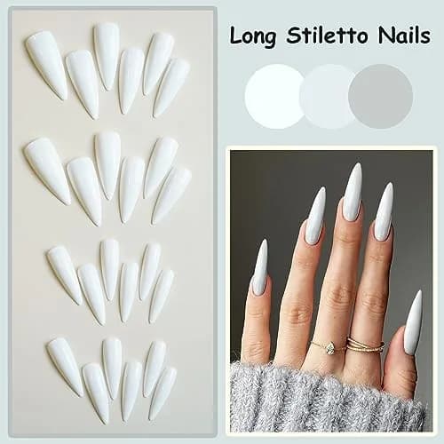 MISUD Press on Nails - Long Stiletto White Acrylic 24 pcs | Easy Glue-On Nails for Women & Teens thumbnail 5