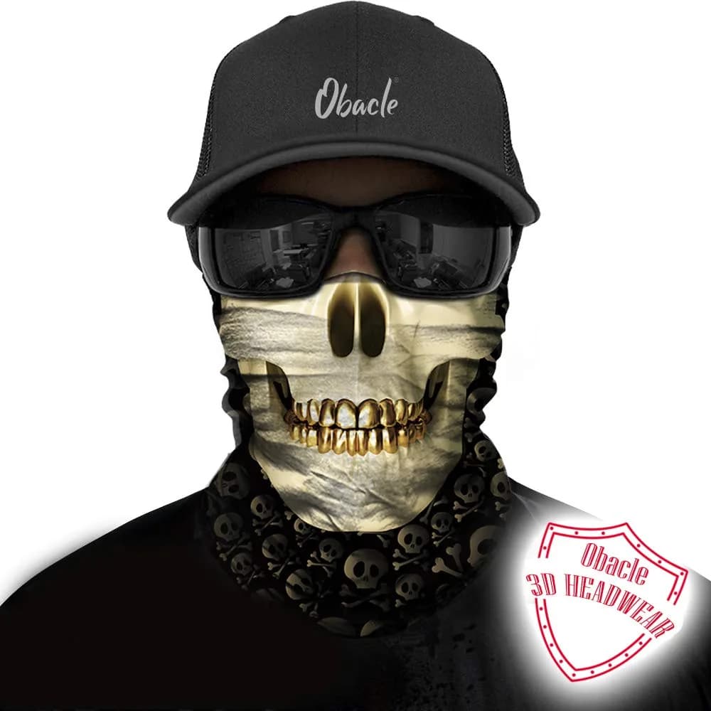 Obacle Skull Face Mask with Gold Teeth - Seamless 3D Bandana for Dust, Wind, UV Protection thumbnail 2