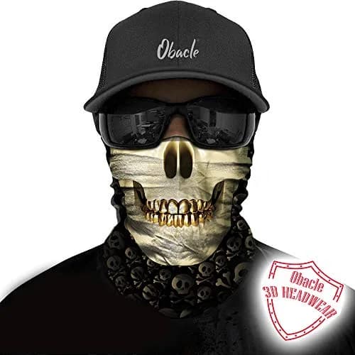 Obacle Skull Face Mask with Gold Teeth - Seamless 3D Bandana for Dust, Wind, UV Protection - view 2