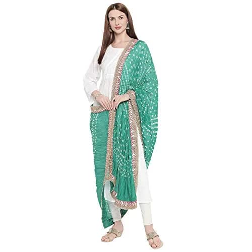 DUPATTA BAZAAR Green Bandhini Silk Dupatta with Gotta Patti Border 240cm (86 inches) x 97cm (38 inches) thumbnail 2