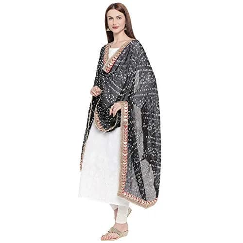 DUPATTA BAZAAR Black Bandhini Silk Dupatta with Gotta Patti Border 240cm (86") x 90cm (38") | Handloom Weave thumbnail 4