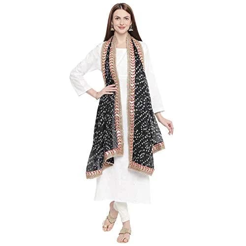 DUPATTA BAZAAR Black Bandhini Silk Dupatta with Gotta Patti Border 240cm (86") x 90cm (38") | Handloom Weave thumbnail 2