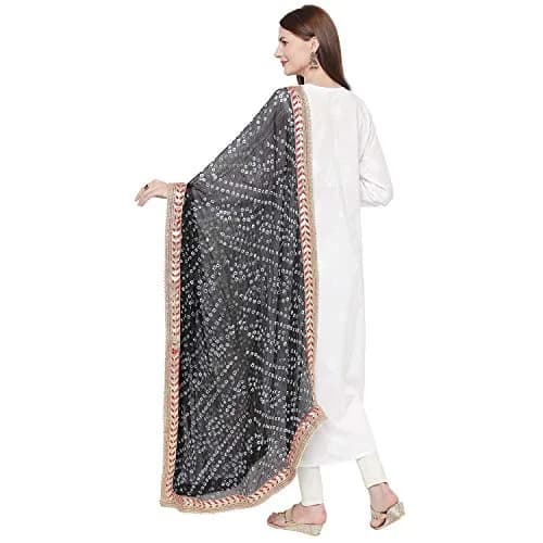 DUPATTA BAZAAR Black Bandhini Silk Dupatta with Gotta Patti Border 240cm (86") x 90cm (38") | Handloom Weave thumbnail 3