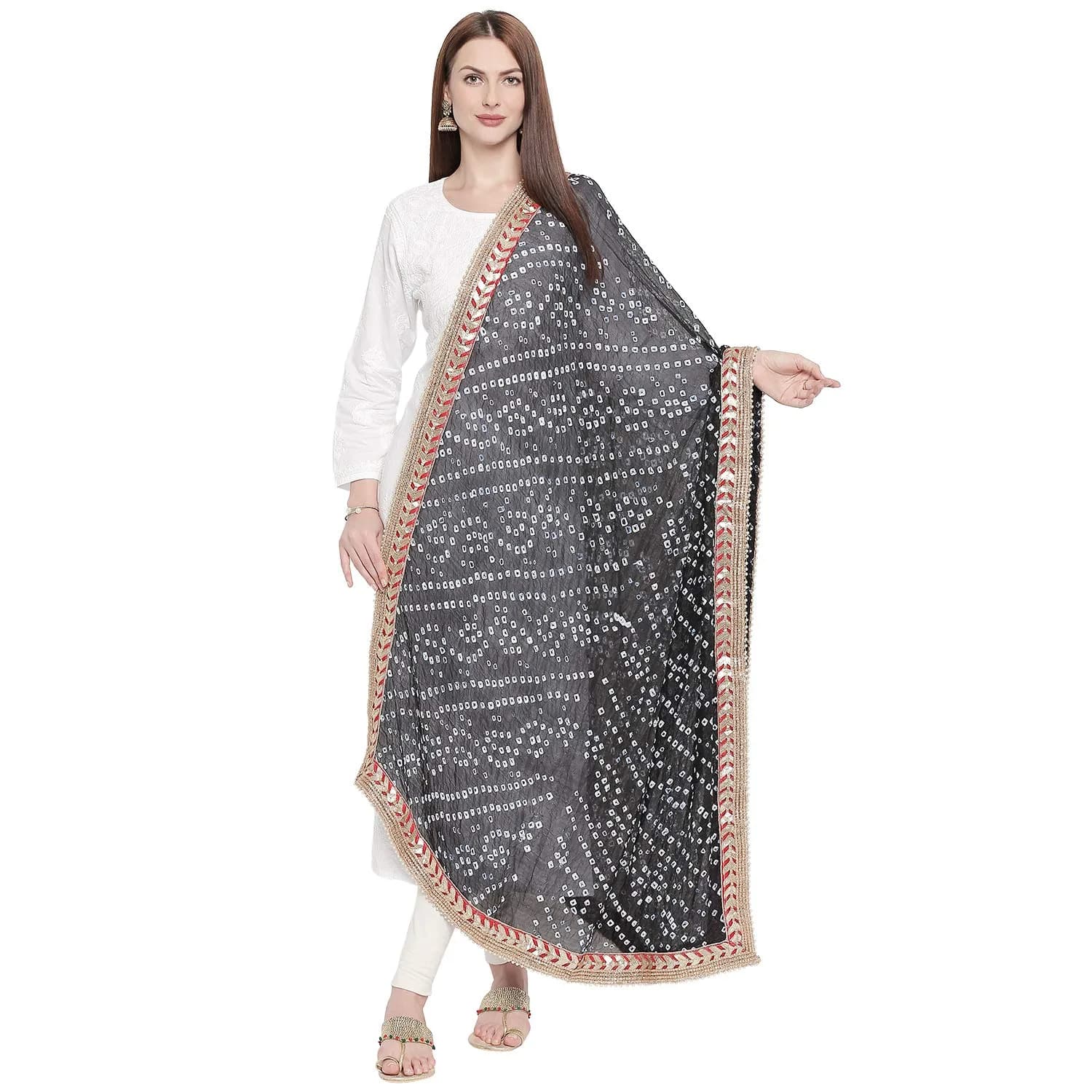 DUPATTA BAZAAR Black Bandhini Silk Dupatta with Gotta Patti Border 240cm (86") x 90cm (38") | Handloom Weave - main product image