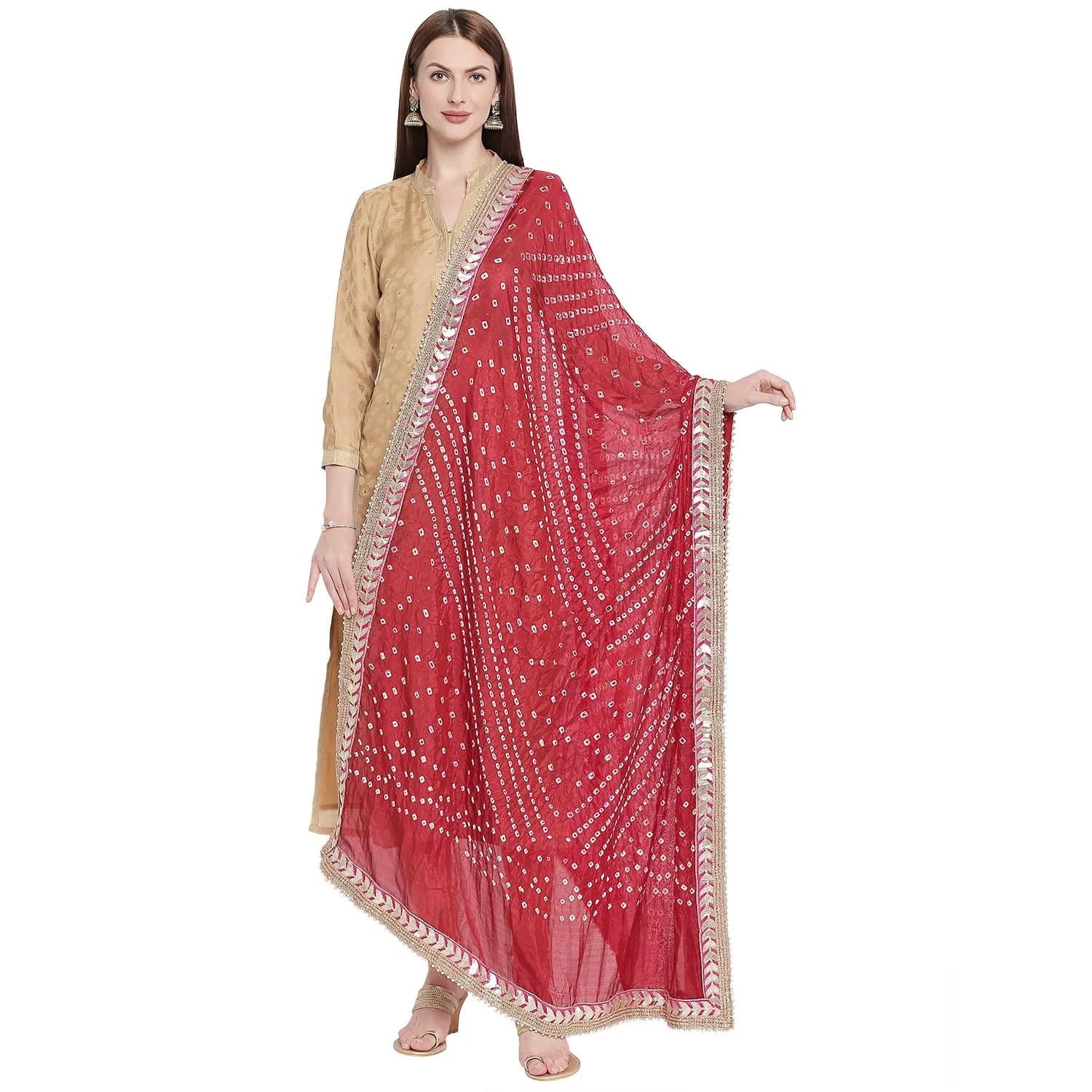 DUPATTA BAZAAR Maroon Bandhini Silk Dupatta with Gotta Patti Border 240cm (86 inches) x 97cm (38 inches)