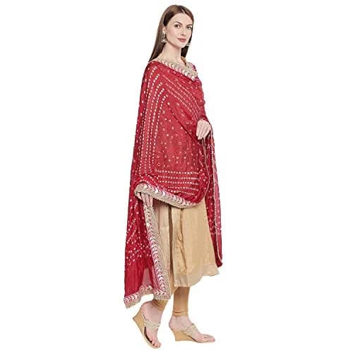 DUPATTA BAZAAR Maroon Bandhini Silk Dupatta with Gotta Patti Border 240cm (86 inches) x 97cm (38 inches) thumbnail 4