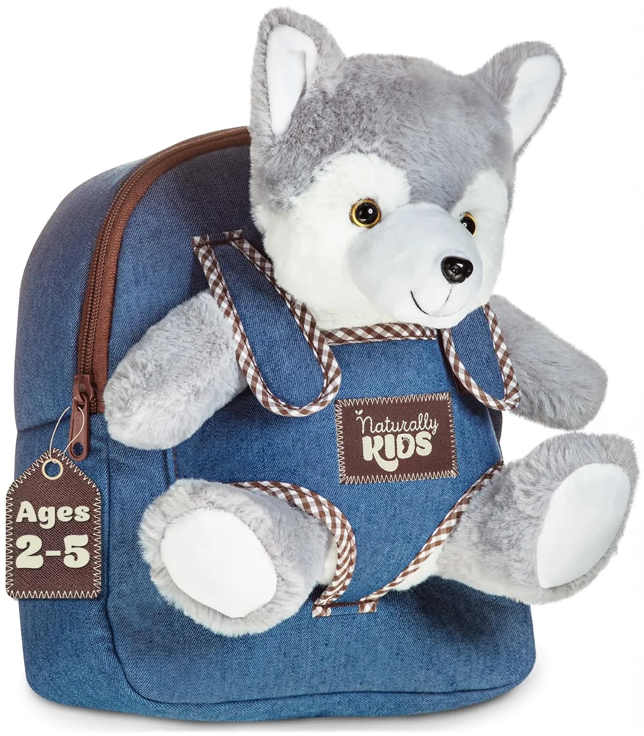 Naturally KIDS Toddler Backpack with Plush Wolf Toy | Adjustable Denim Design for Kids 2-5