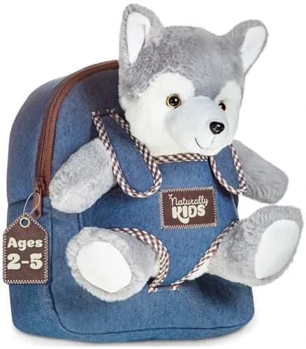 Naturally KIDS Toddler Backpack with Plush Wolf Toy | Adjustable Denim Design for Kids 2-5 thumbnail 1