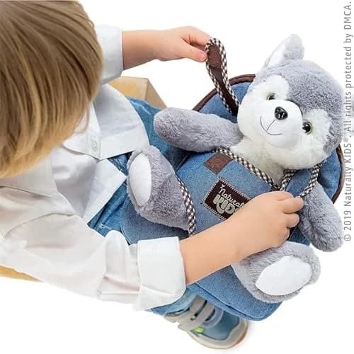 Naturally KIDS Toddler Backpack with Plush Wolf Toy | Adjustable Denim Design for Kids 2-5 thumbnail 4