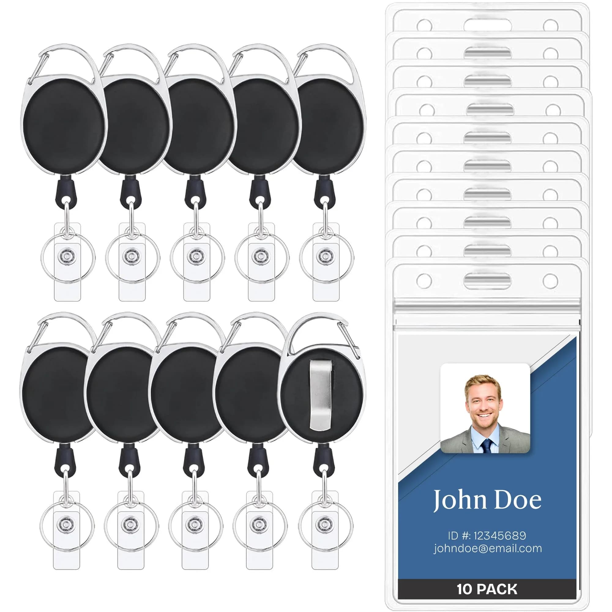 Will Well Heavy Duty ID Badge Holder Retractable 10 Pack - Vertical - Black | Durable, Versatile Badge Holders for Indian Professionals — 10-Pack